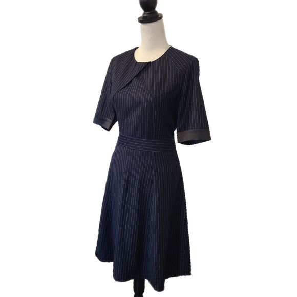 Estee Lauder Navy Blue Pinstripe Tulip Style Fit & Flare Vintage Dress, Size 8 - Picture 4 of 10